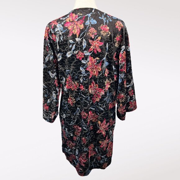 Monteau Black Pink Blue Crushed Velvet Floral Burnout Kimono Jacket Small - Picture 5 of 10